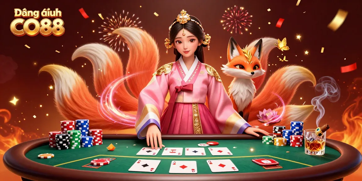 Engage in thrilling action with Đăng nhập CO88, featuring a dynamic casino scene with poker tables and celebration elements.
