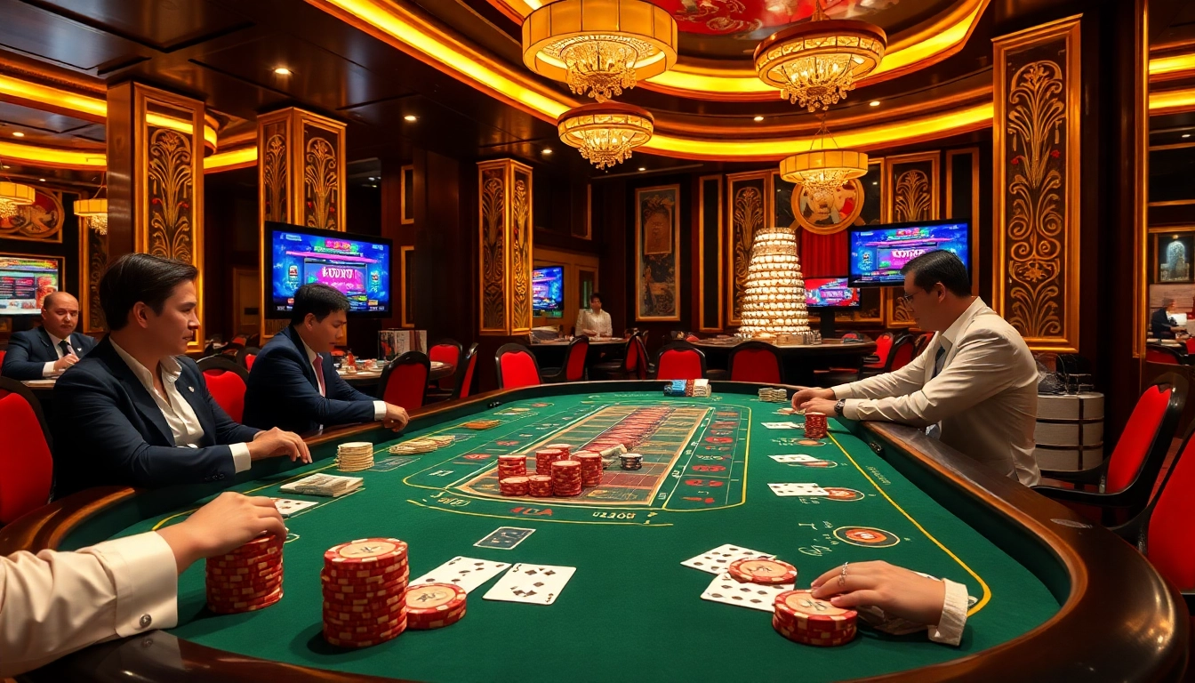 Engaging scene of players at a baccarat table, representing nhà cái red88 gambling excitement and strategy.