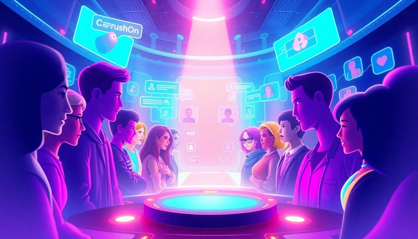 Explore the CrushOn AI platform featuring diverse avatars and futuristic chat interface.