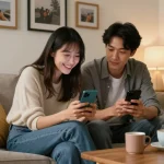 Girlfriend AI chat experience in a cozy living room with a couple enjoying digital interaction.