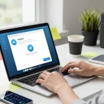 Telegram Chinese interface setup in a modern workspace with user engaged on a laptop.