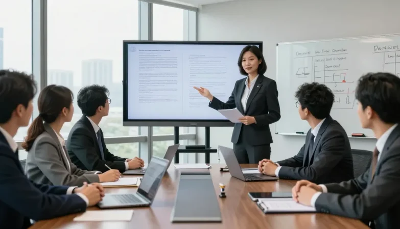 Legal team made a post discussing case strategy in a bright law office.
