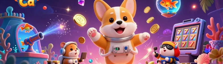 Tải Bắn Cá captures an underwater casino scene with an astronaut corgi and a mission-control hamster guiding the adventure.