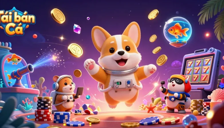 Tải Bắn Cá captures an underwater casino scene with an astronaut corgi and a mission-control hamster guiding the adventure.